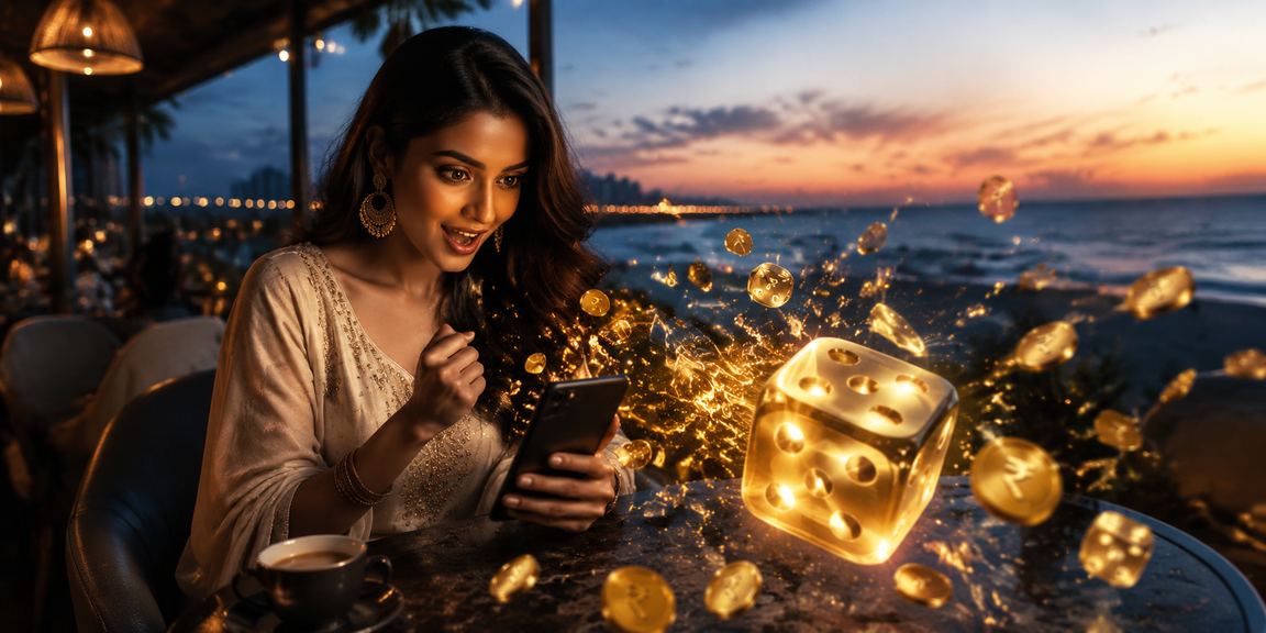Player enjoying Aviator game on mobile device near Chennai marina beach